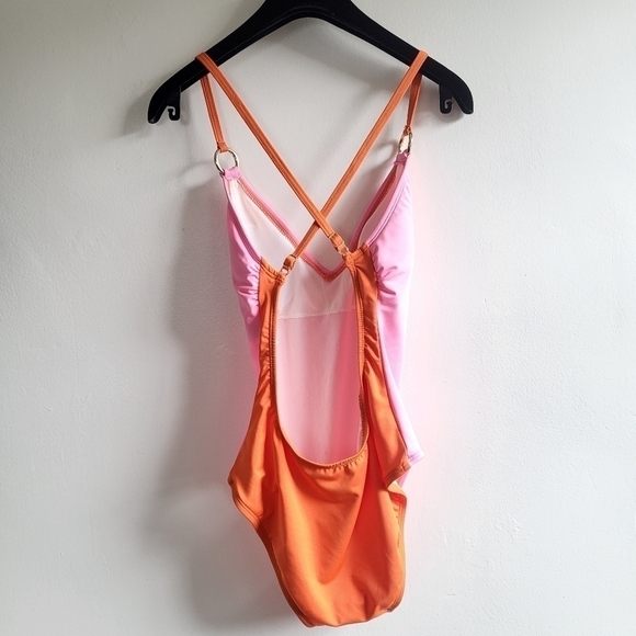 New Kate Spade NY Plunging V-Neck Colorblock Barbie Pink/Orange Swimsuit Small - Picture 10 of 17